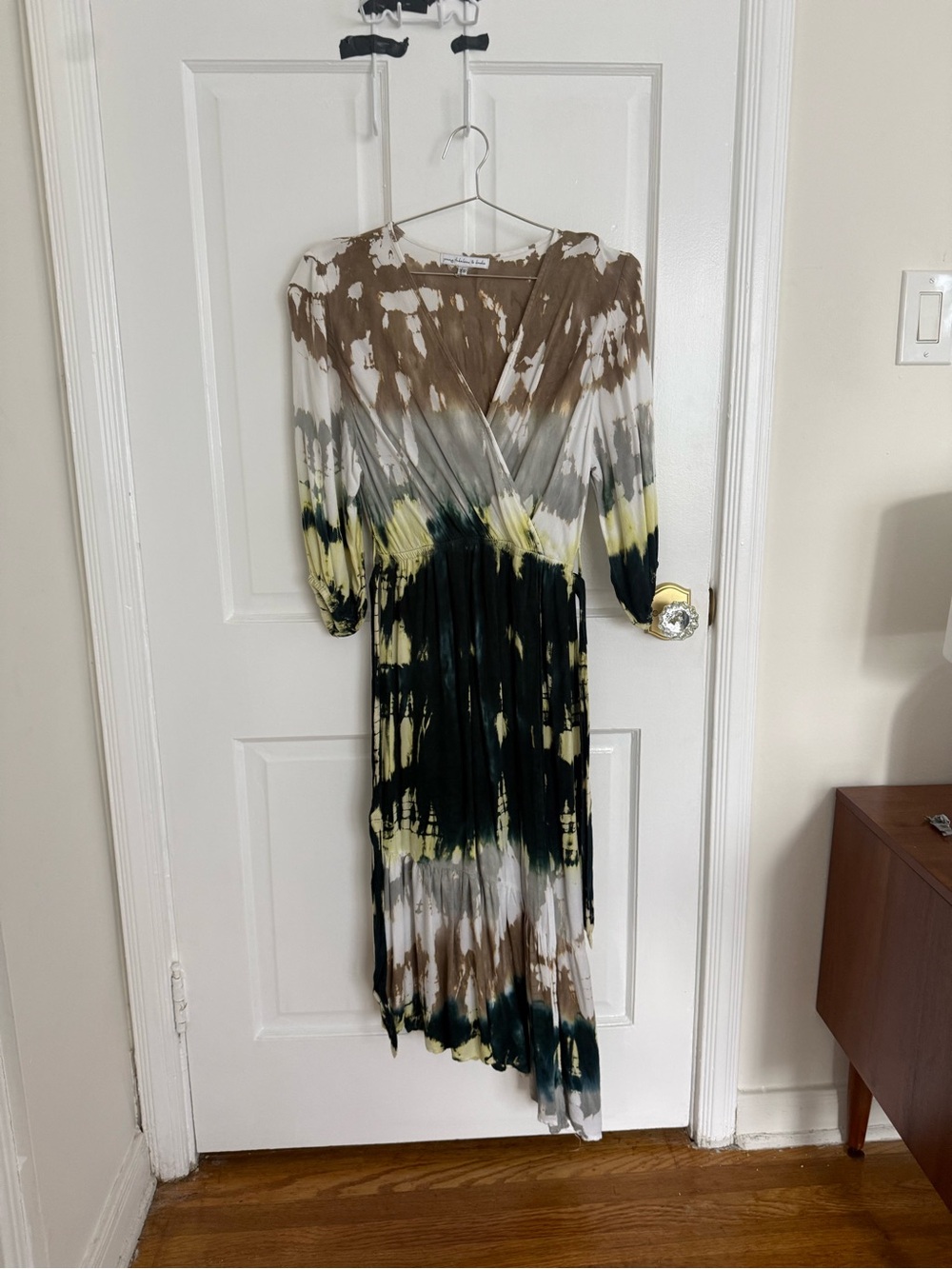 Young Fabulous & Broke Asymmetrical Tie-Dye Midi Dress in Brown, Green & Yellow